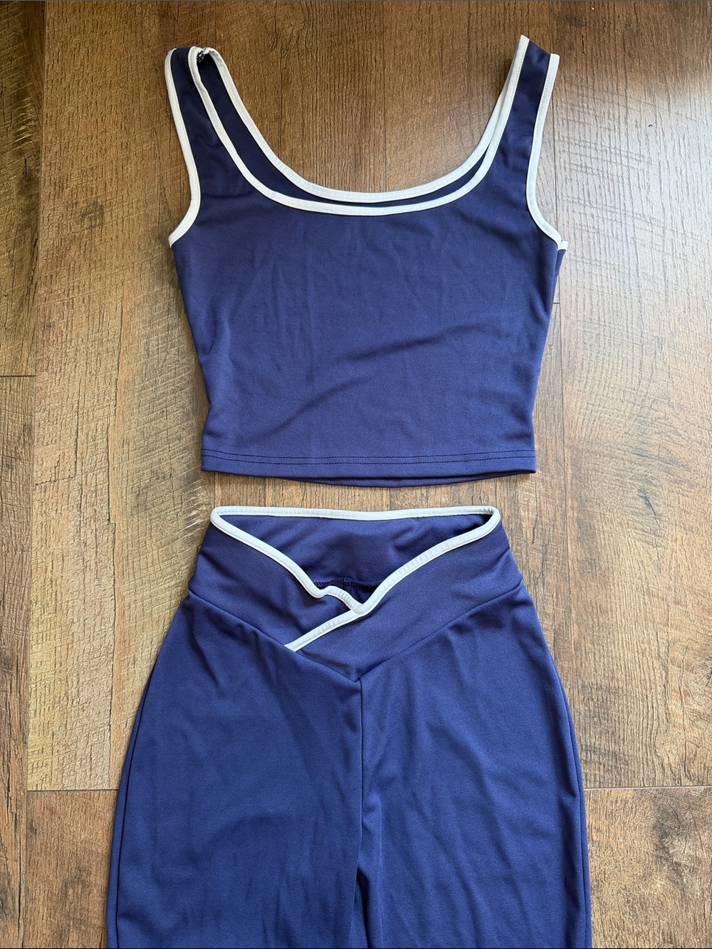 Navy Crop Tank and High-Waist Lounge Set with White Trim